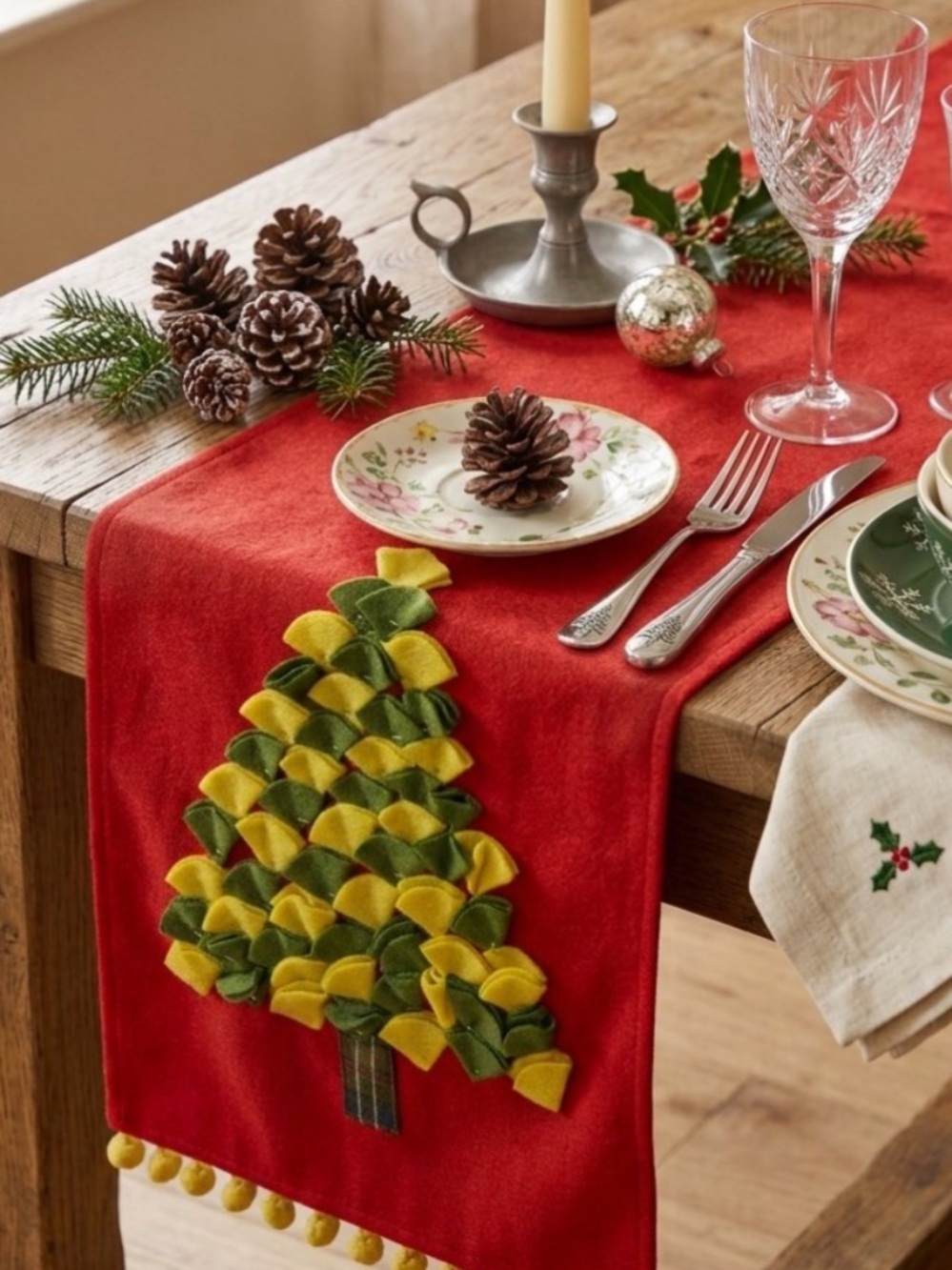 Christmas Tree Red Table Runner with Tree Applique
